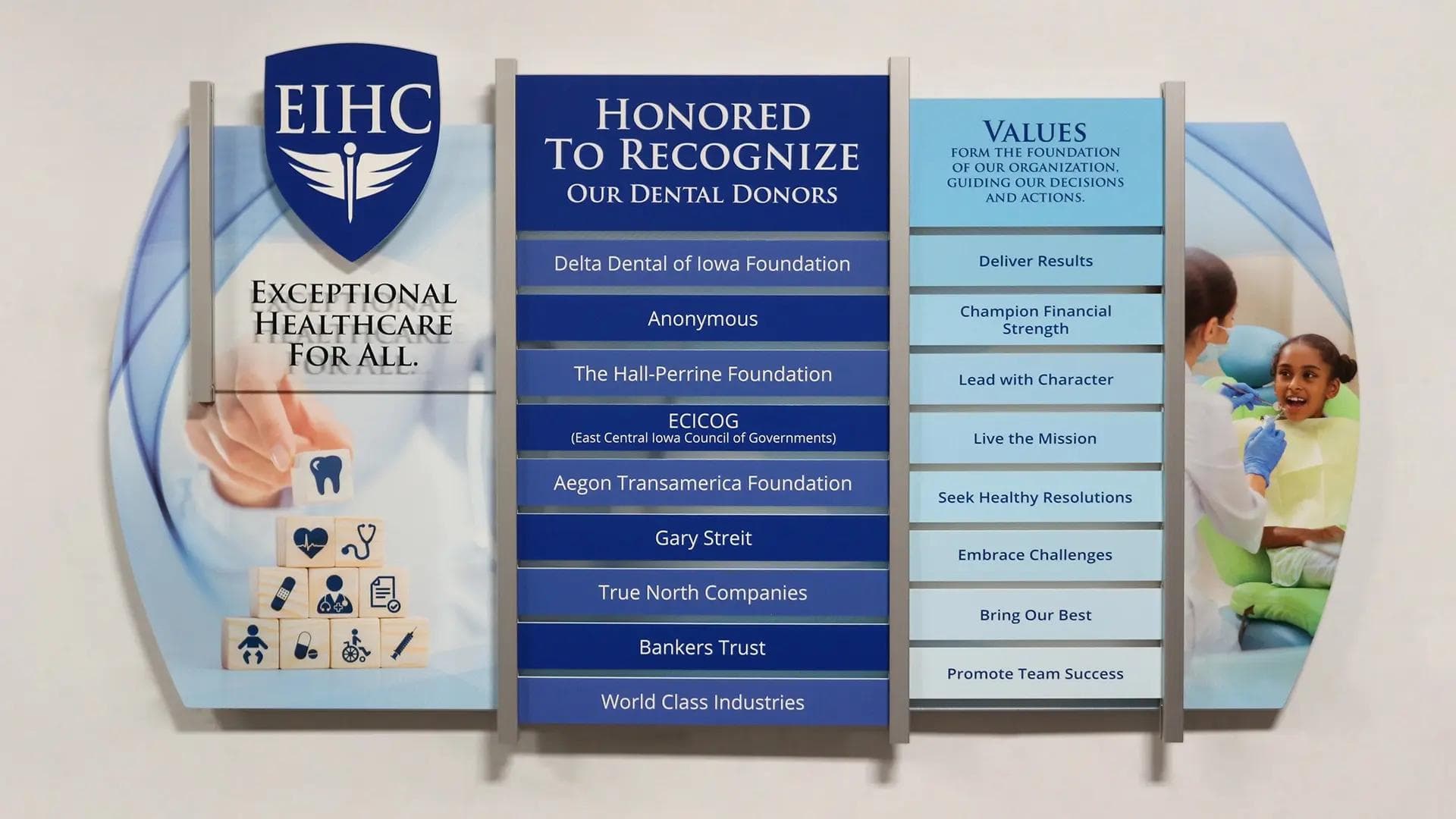 Eastern Iowa Health Center rail wall donor recognition wall dimensional, layered, updateable, rail wall, professional