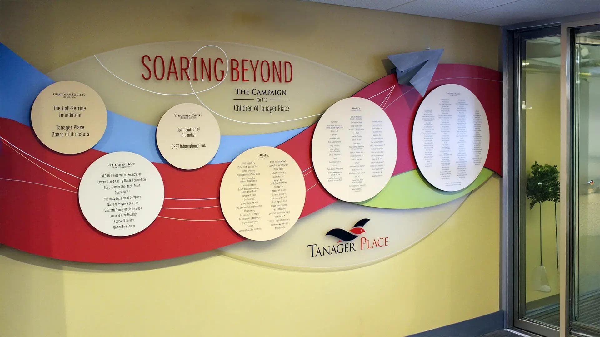 Campaign donor wall for a children’s nonprofit at Tanager Place featuring layered graphics, circular donor panels, and a colorful design.