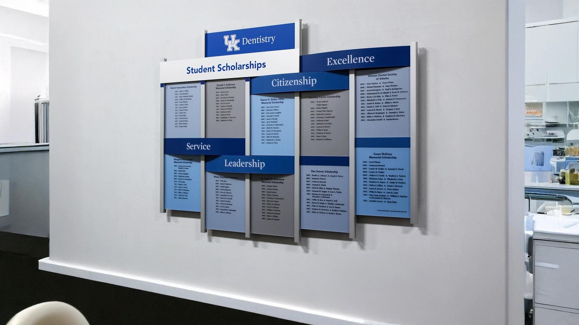 University of Kentucky Dentistry donor recognition wall showcasing student scholarship honorees using a modular Rail Wall System.