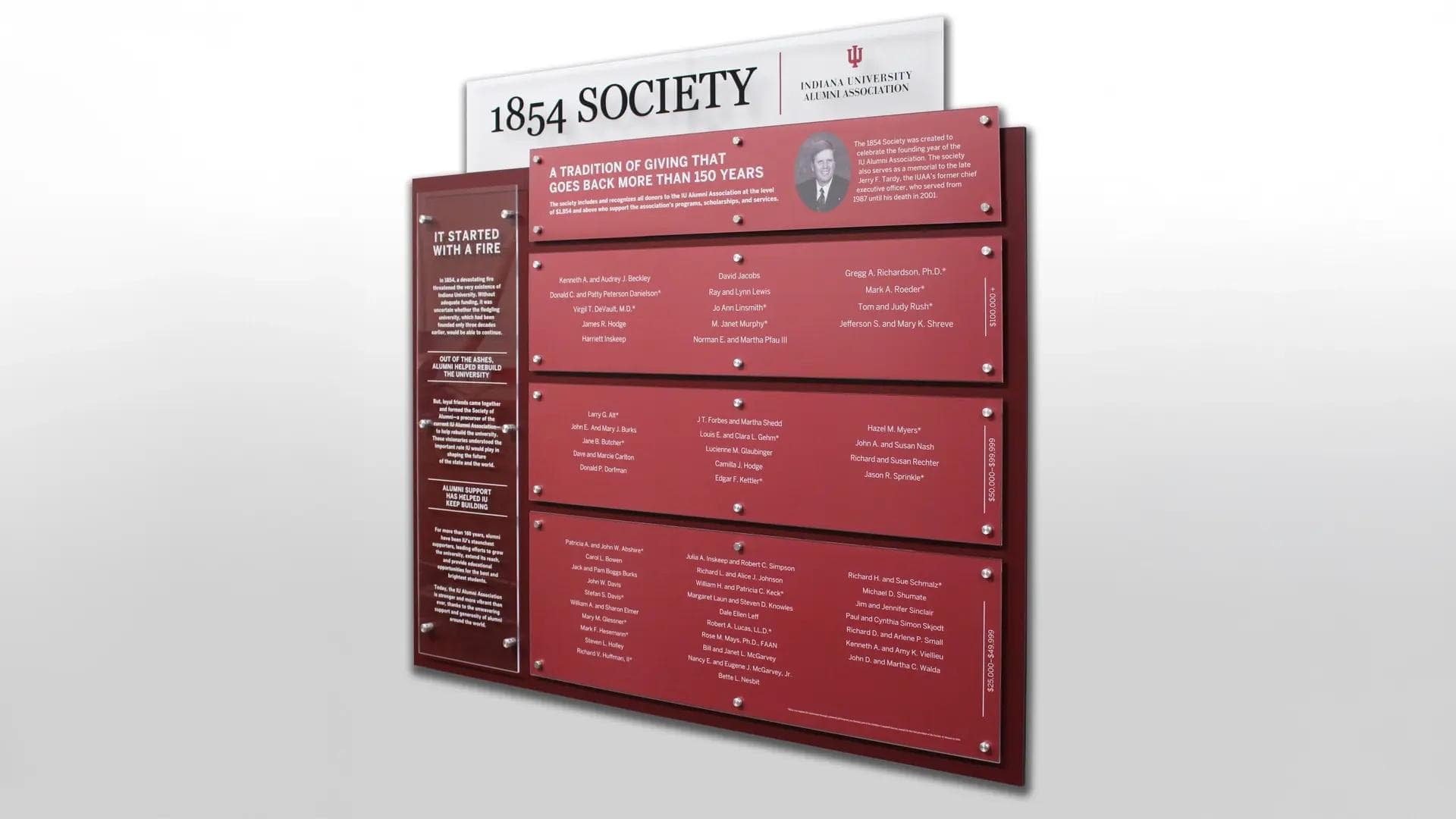 Indiana University Alumni Association donor recognition wall featuring layered red alumni panels honoring members of the 1854 Society.