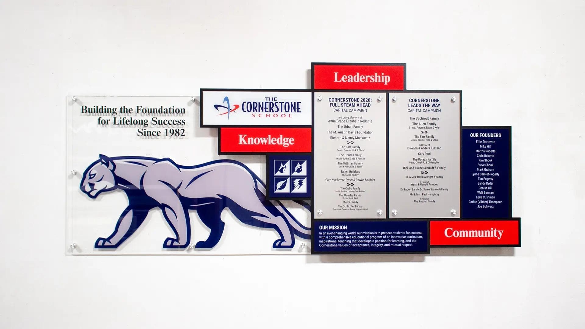 School endowment campaign donor recognition wall featuring a lion mascot, donor plaques, and leadership, knowledge, and community themes.