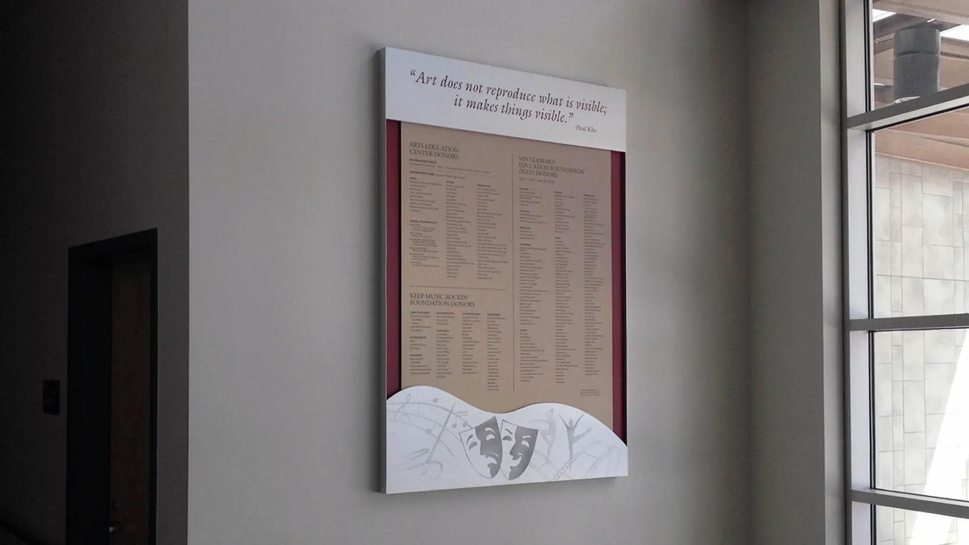 Theater donor recognition panel at the California School of Fine Arts featuring printed donor listings, quote panel, and performing arts graphics.