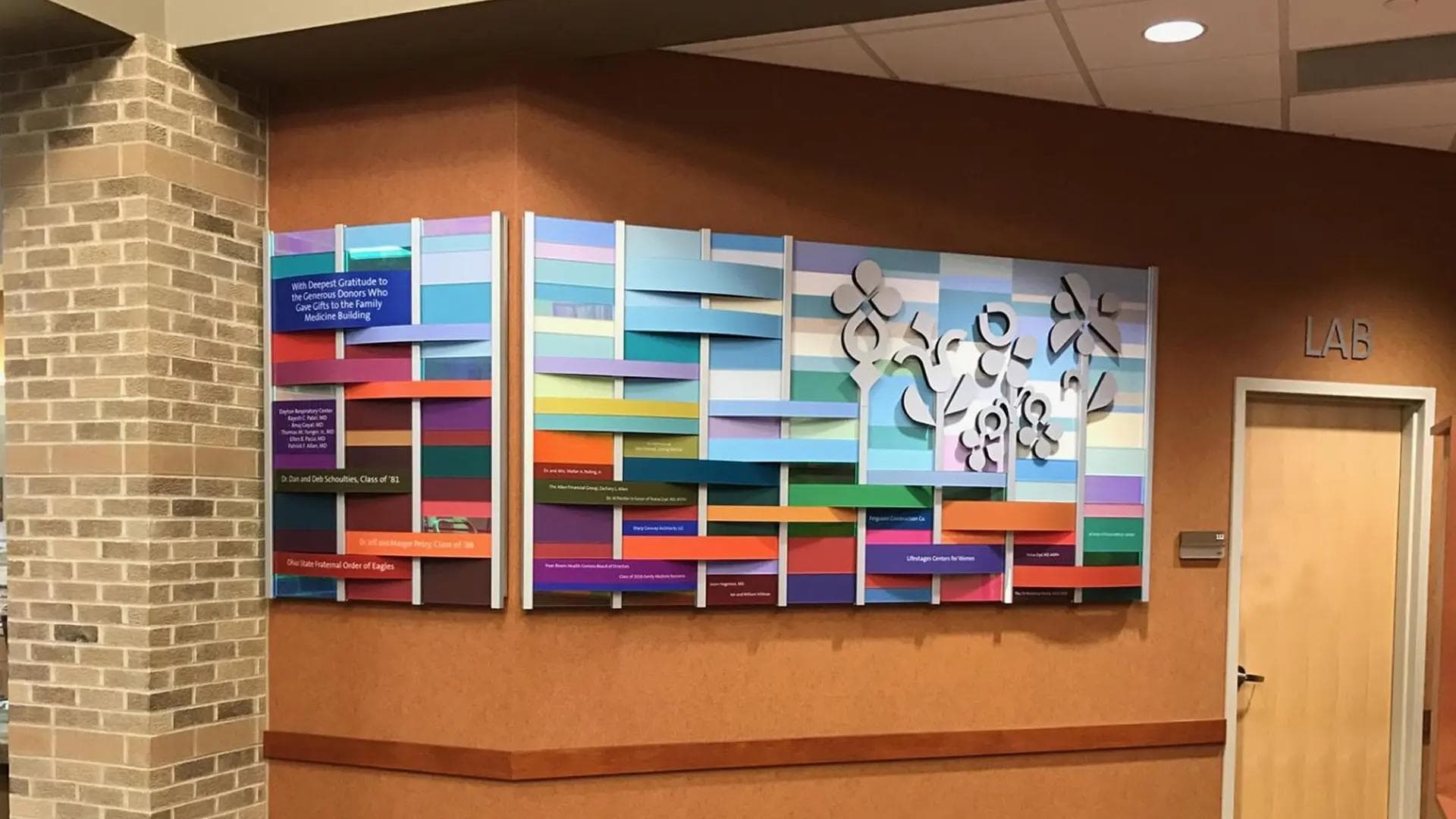 Good Samaritan Medical Hospital rail wall donor recognition wall layered, artistic, vibrant