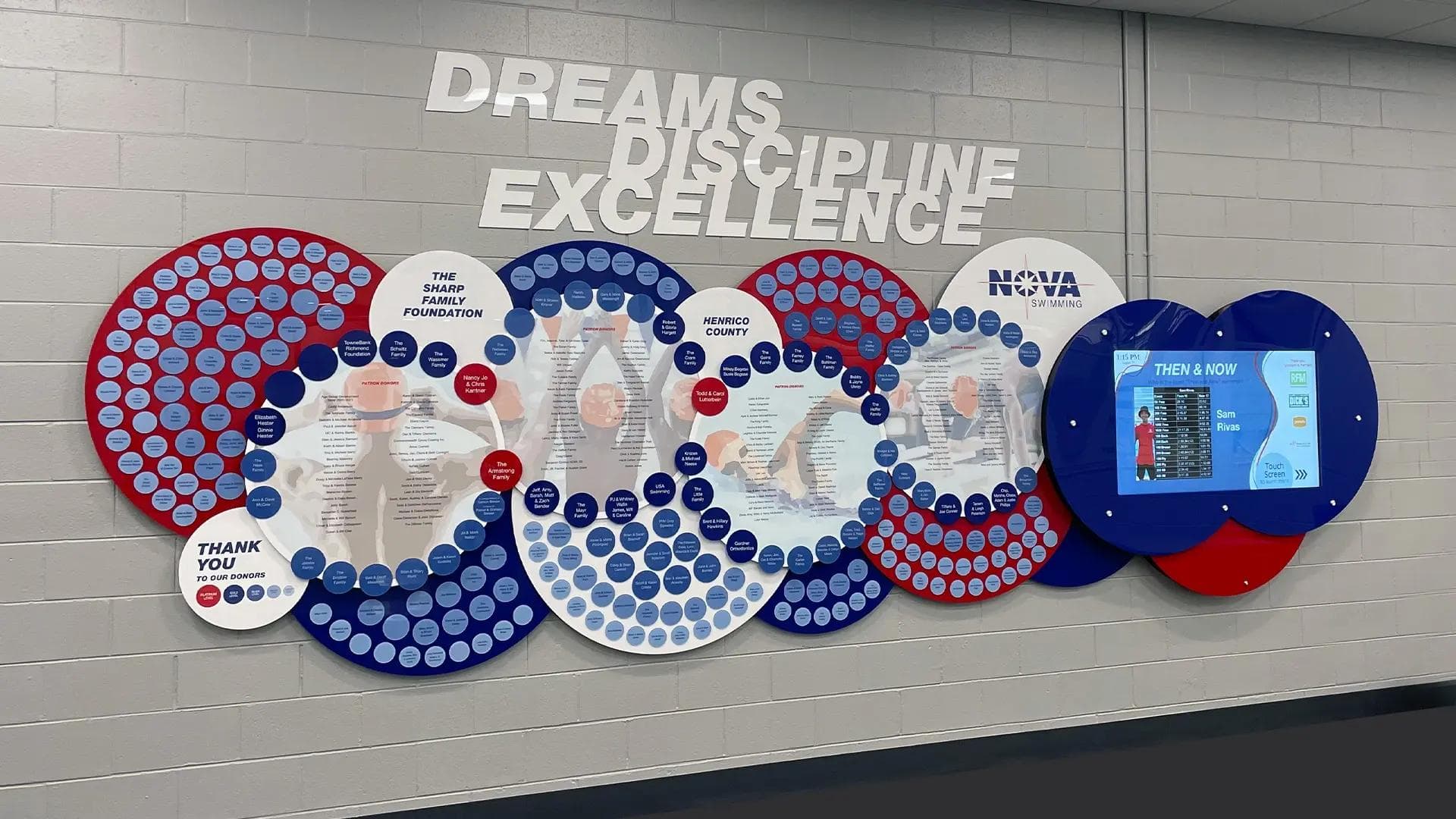 Nova Aquatics featured donor recognition wall interactive, touchscreen, recognition