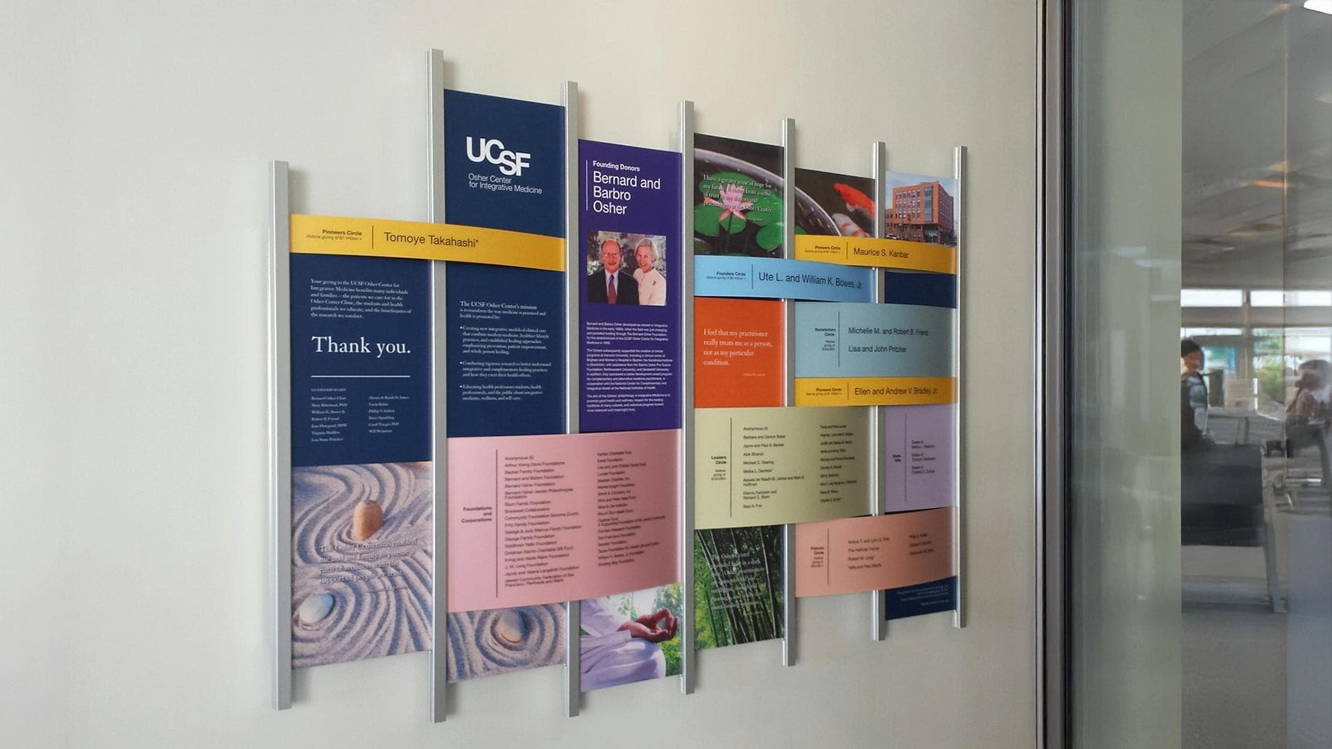 Rail Wall donor recognition at UCSF with modular panels showcasing donor names, stories, and imagery supporting integrative medicine.
