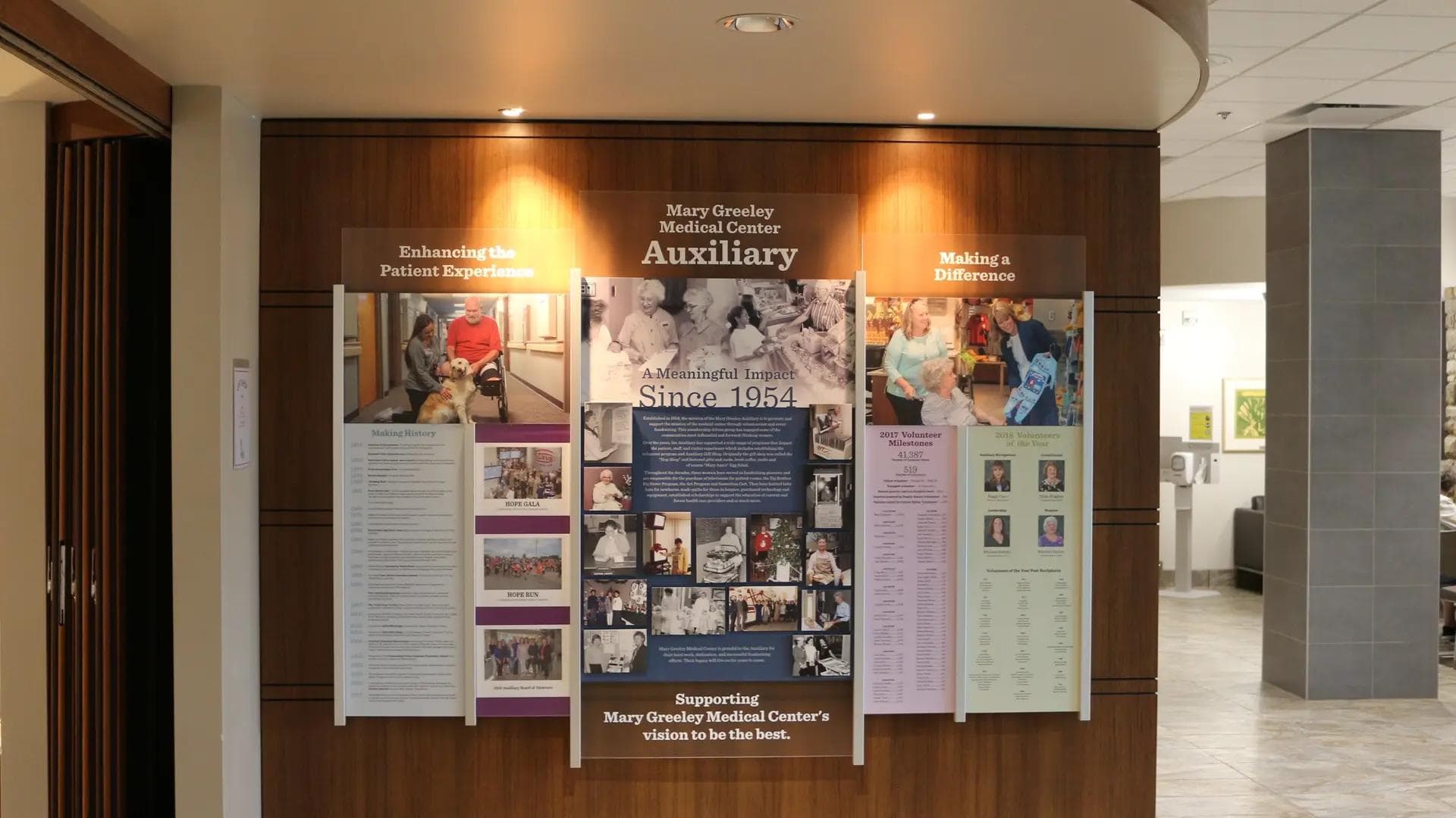 Mary Greeley Medical Center Auxiliary rail wall donor recognition wall recognition, update-able, rail wall, vibrant
