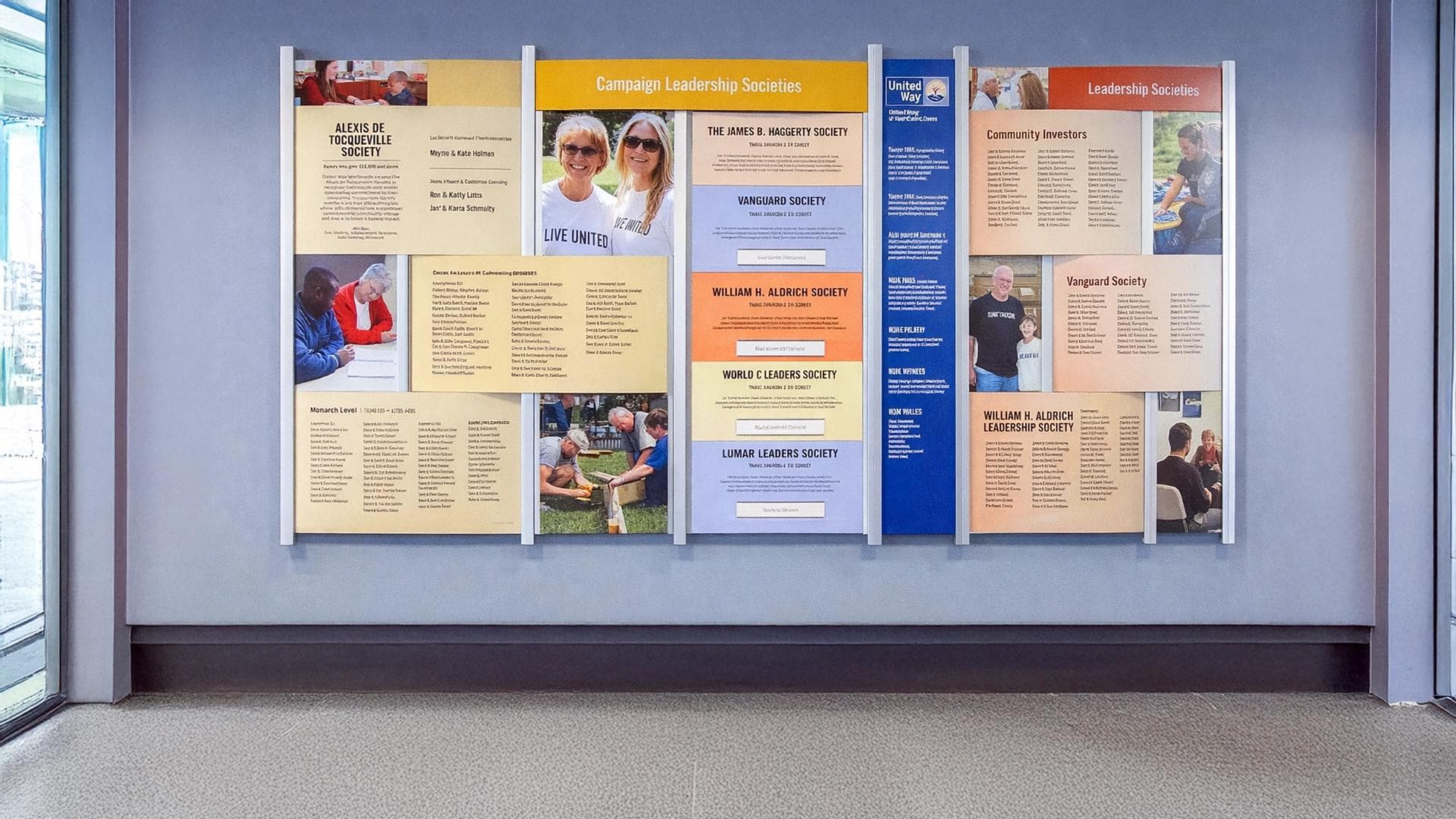 United Way donor recognition wall featuring leadership societies and campaign contributors displayed on a modular Rail Wall System.