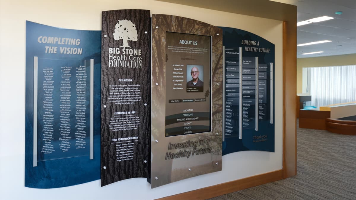 Big Stone Healthcare Foundation digital wall donor recognition wall interactive, touchscreen, acrylic, recognition, layered
