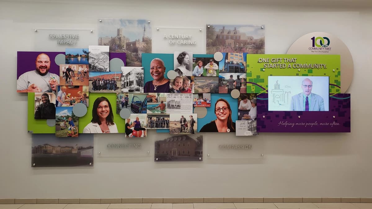 Community First digital wall donor recognition wall acrylic, recognition, layered, vibrant