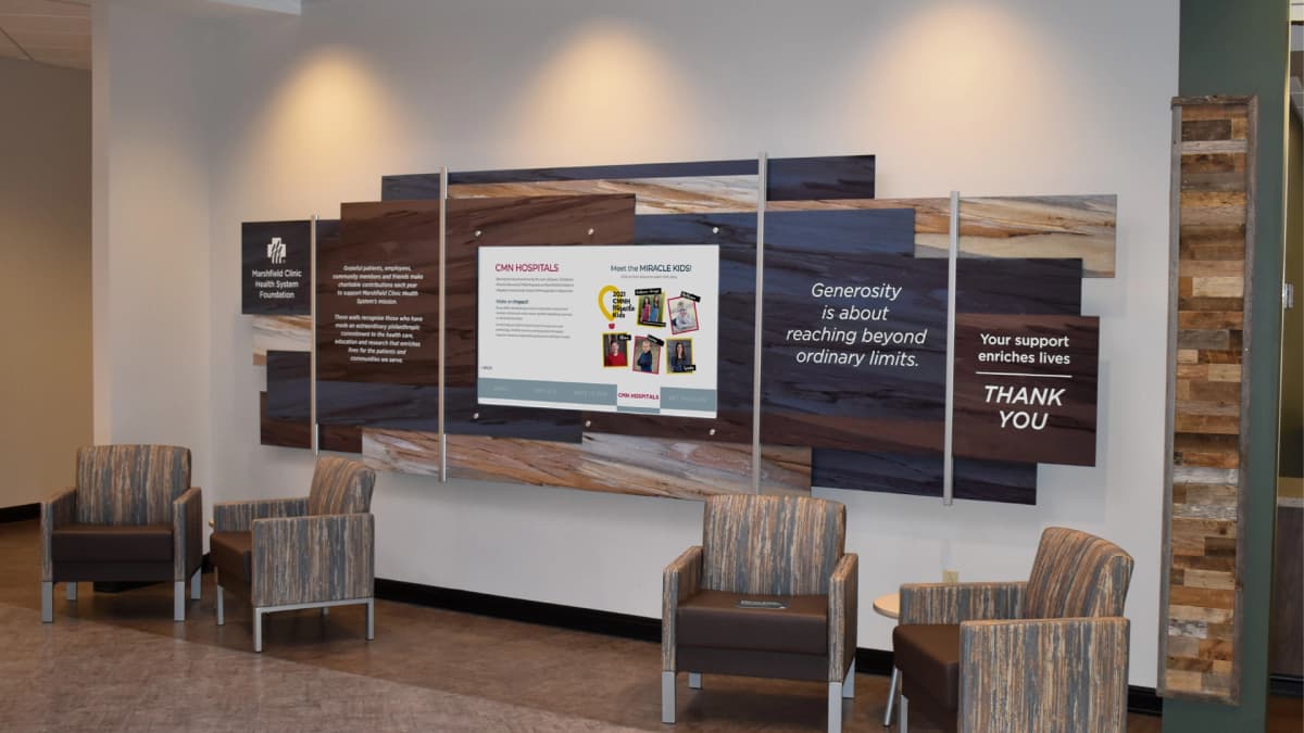 Marshfield Healthcare digital wall donor recognition wall interactive, recognition, rail wall, elegant