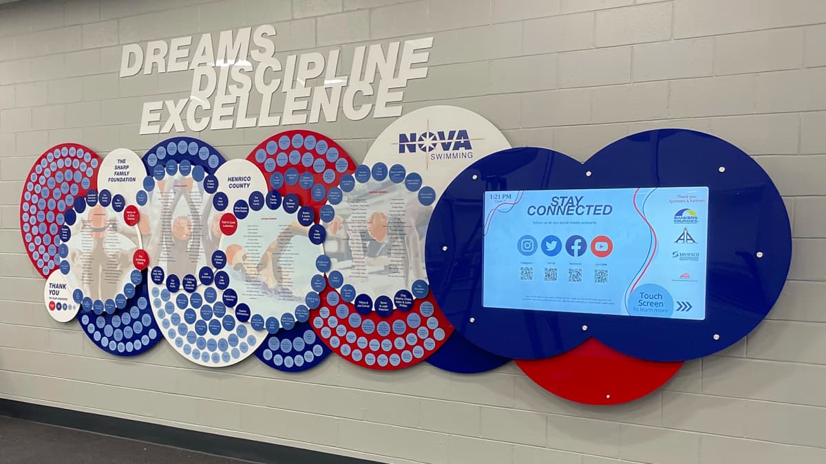 Nova Aquatics digital wall donor recognition wall interactive, touchscreen, layered