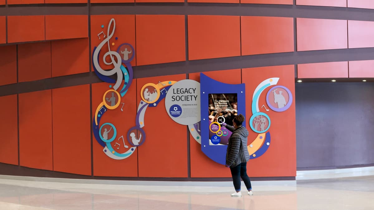 Prince George Community College featured donor recognition wall interactive, touchscreen, layered, vibrant