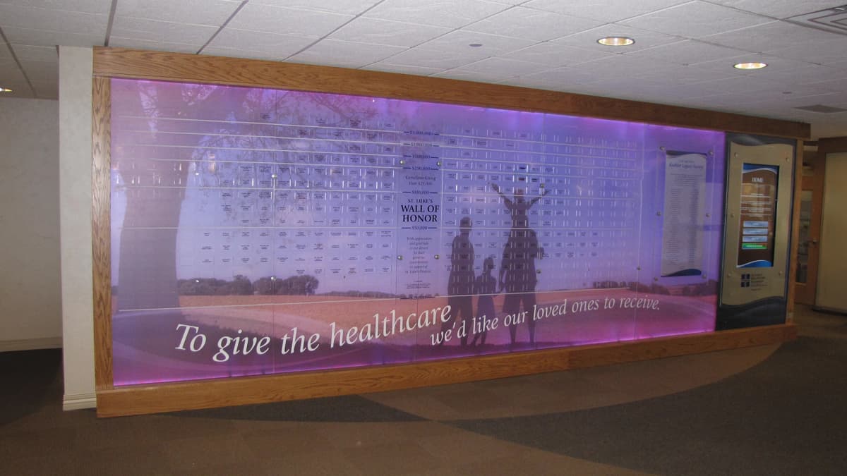 St. Luke's Health Care Foundation digital wall donor recognition wall interactive, touchscreen, recognition, illuminated