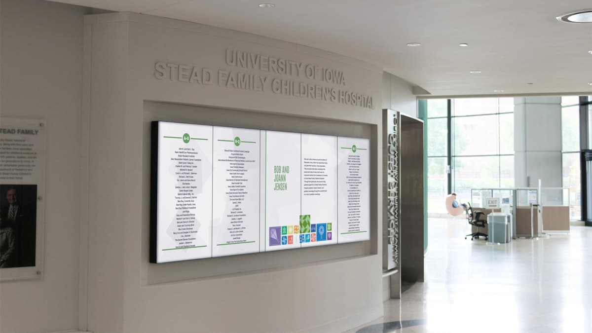 University of Iowa Children's Hospital featured donor recognition wall updateable, elegant