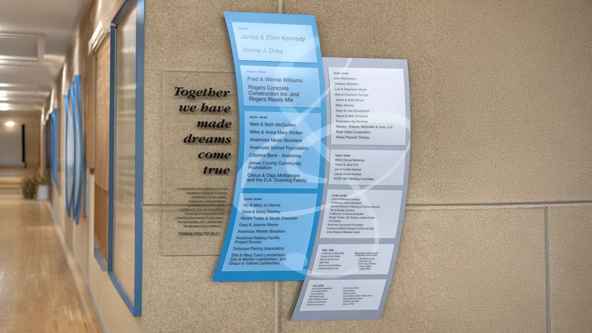 Anamosa High School plaques donor recognition wall layered