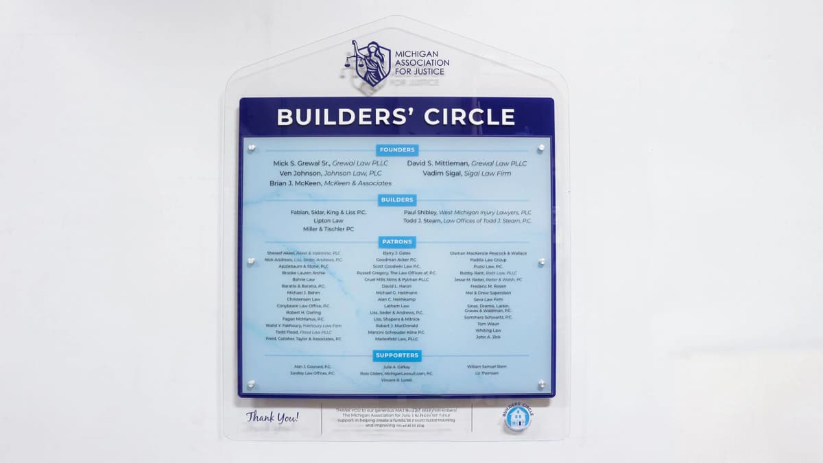 Michigan Association for Justice plaques donor recognition wall acrylic, layered, plaque