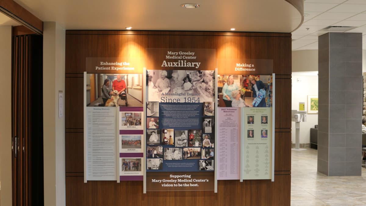 Mary Greeley Medical Center Auxiliary rail wall donor recognition wall recognition, updateable, rail wall, vibrant