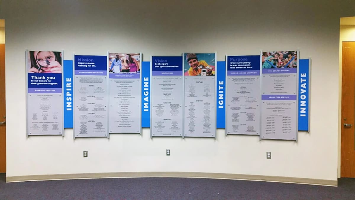 Museum Railwall rail wall donor recognition wall updateable, vibrant