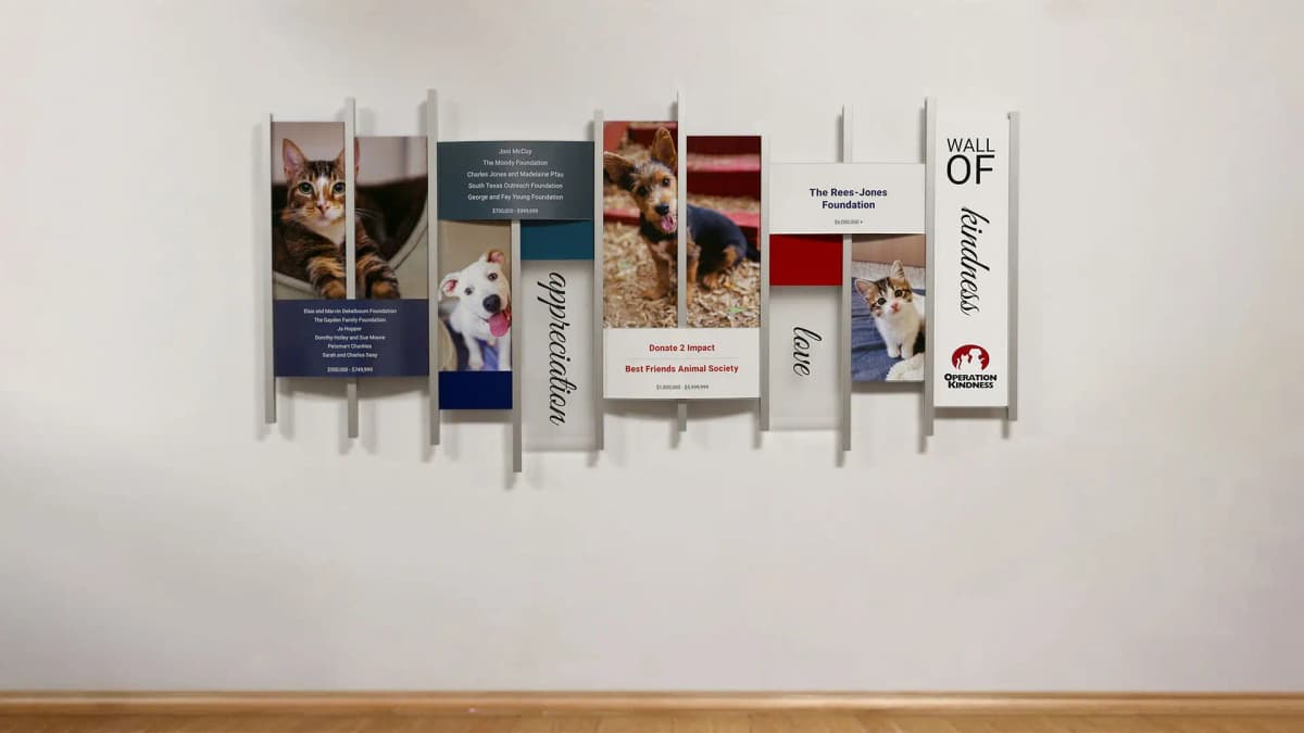 Operation Kindness rail wall donor recognition wall aluminum, recognition, dimensional, layered