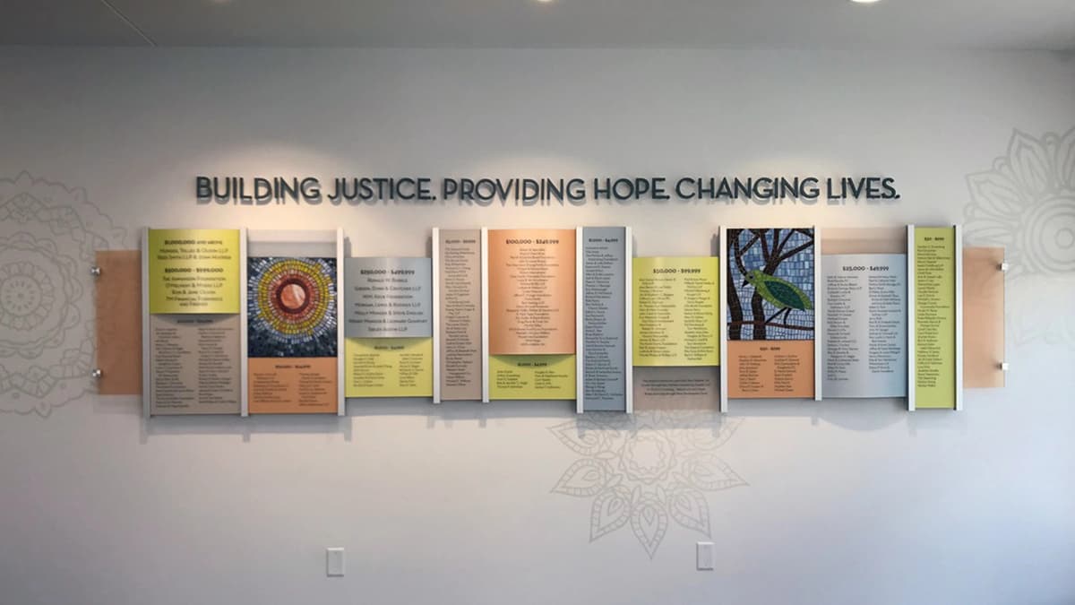 Legal Aid Foundation of Los Angeles rail wall donor recognition wall recognition, dimensional, layered, etched