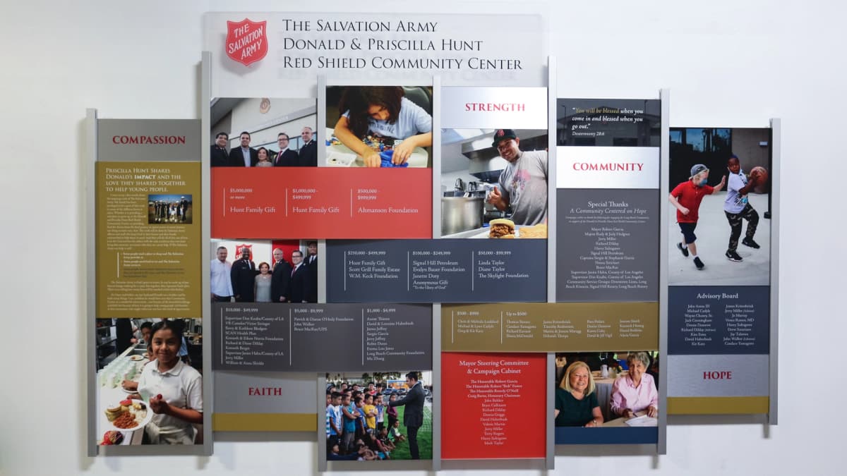 Salvation Army rail wall donor recognition wall acrylic, recognition, layered
