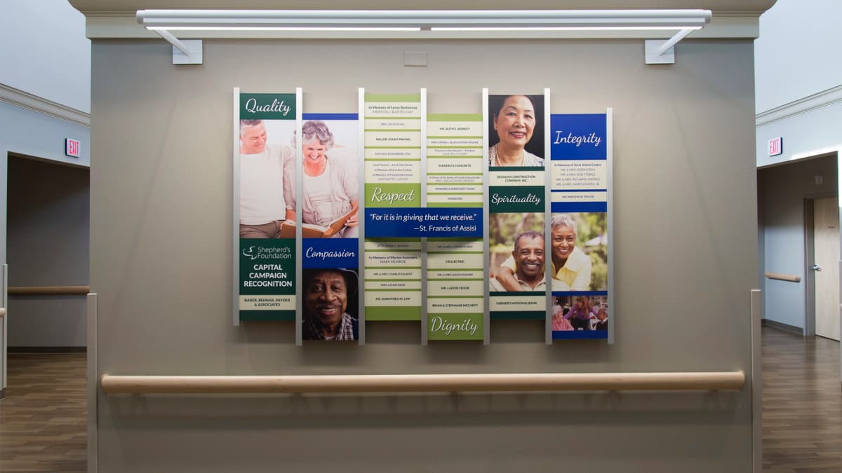 Shepherd's Foundation rail wall donor recognition wall recognition, layered, rail wall