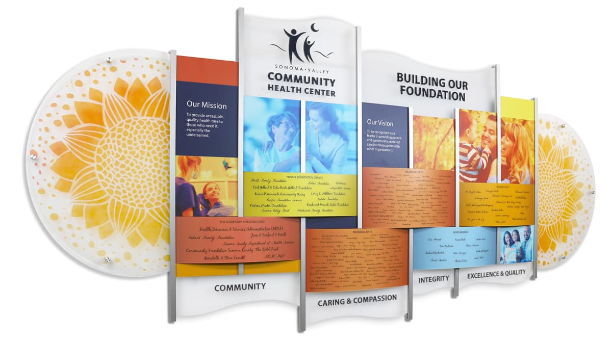 Sonoma Valley Community Health Center rail wall donor recognition wall acrylic, layered, rail wall