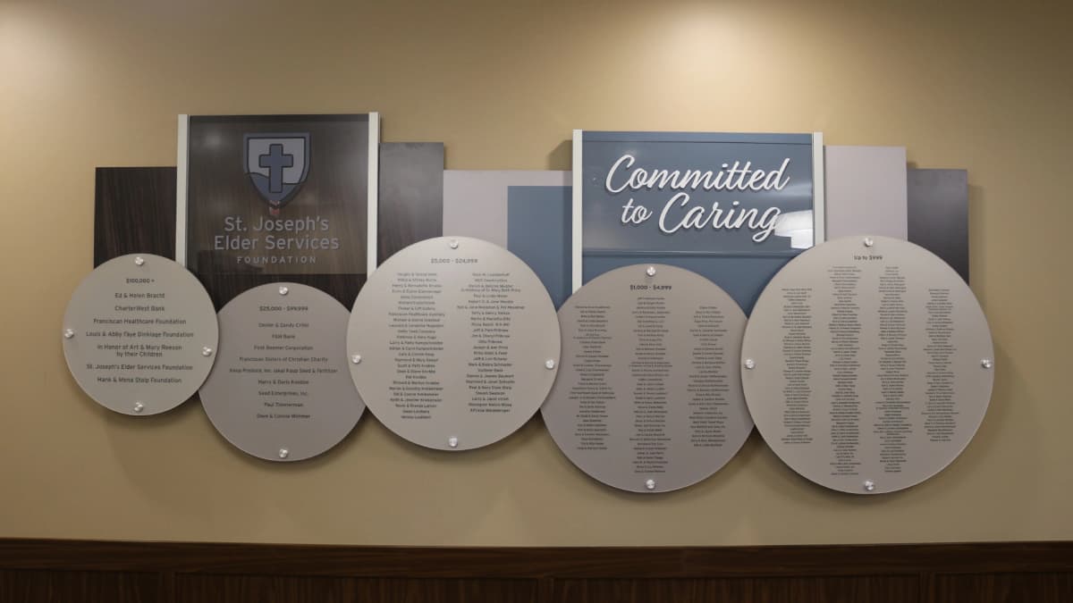 St. Joseph's Elder Services rail wall donor recognition wall recognition, layered, rail wall