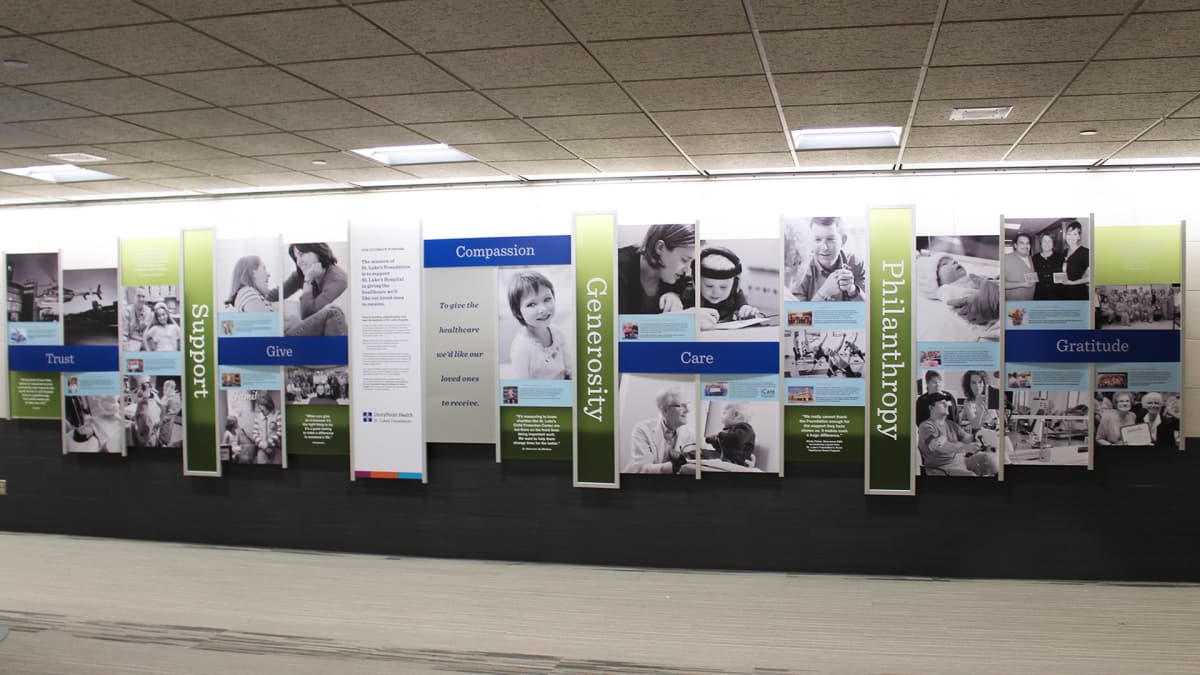 St. Luke's Health Care Foundation rail wall donor recognition wall layered, rail wall