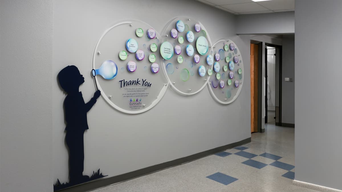 Mary Greeley tile wall donor recognition wall acrylic, recognition, layered